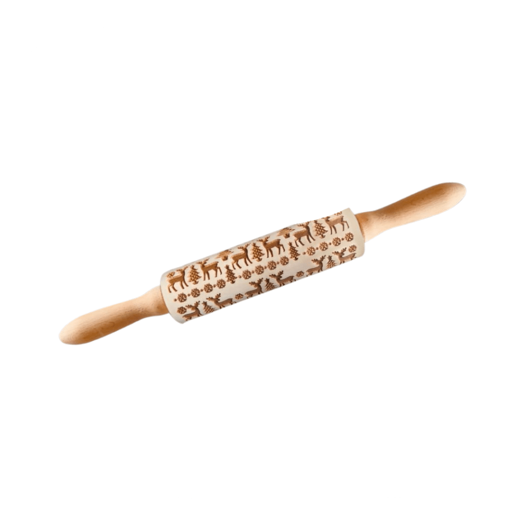 Bild eines Nudelholzes mit Weihnachtsmotiven