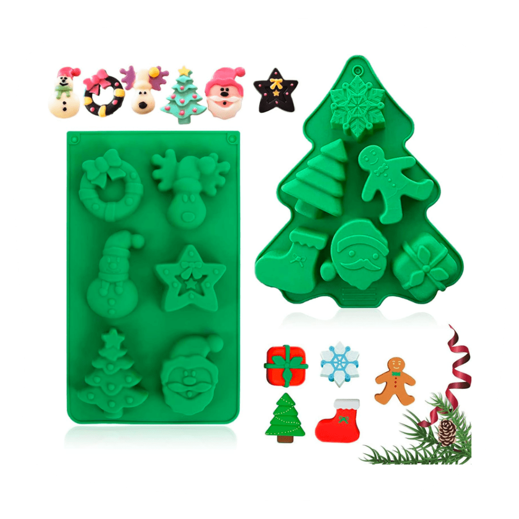 Bild von zwei grünen Silikonformen für Weihnachten mit je 6 verschiedenen Motiven