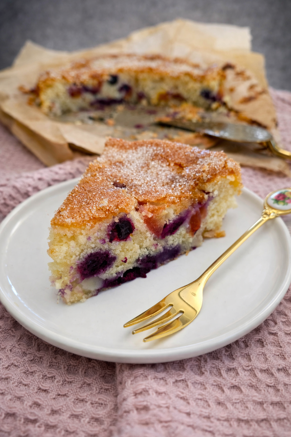 Saftiger Pfirsich-Blaubeer-Kuchen mit Zuckerkruste